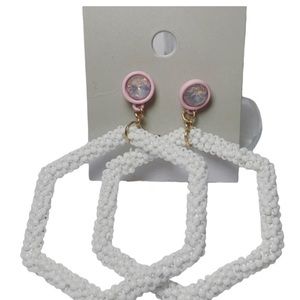 NWT | bp | White Beaded Hexagon Hoop Earrings with Pink & Crystal-like Details